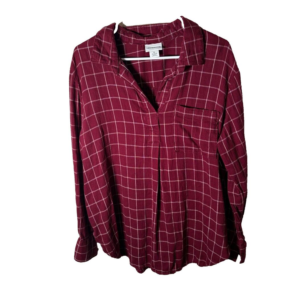 Liz Claiborne Shirt Women's XL Maroon Plaid Pocket Long Sleeve Collared